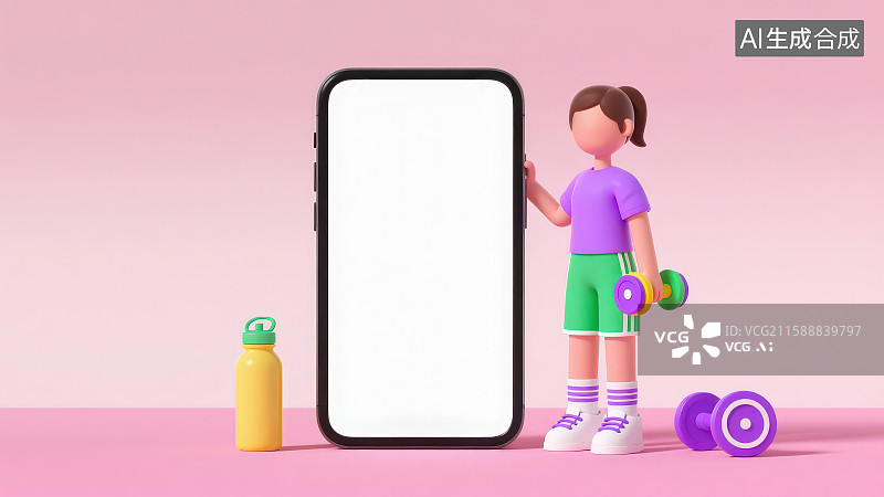 【AI数字艺术】粉色背景下中央是巨型智能手机模型右侧站着无表情女性健身人物手持彩色哑铃地面有黄色水瓶图片素材