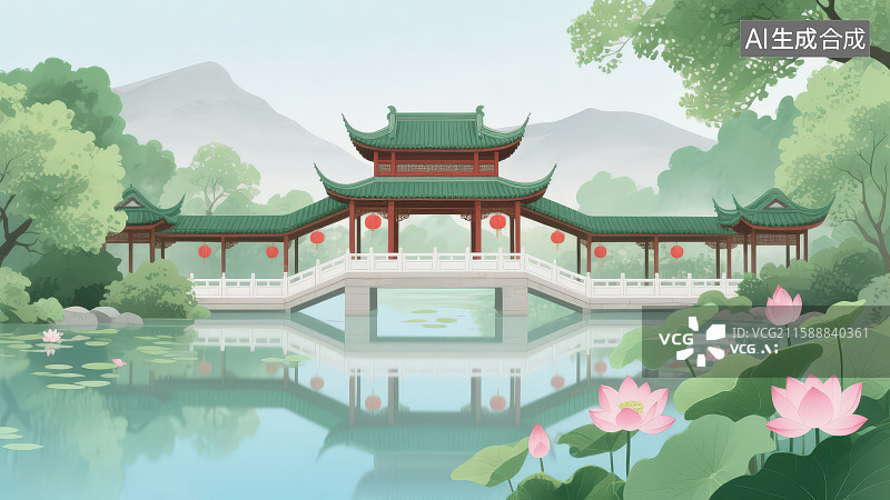 【AI数字艺术】中国风唯美荷花古建筑跨河阁楼廊桥挂满灯笼手绘插画背景图片素材
