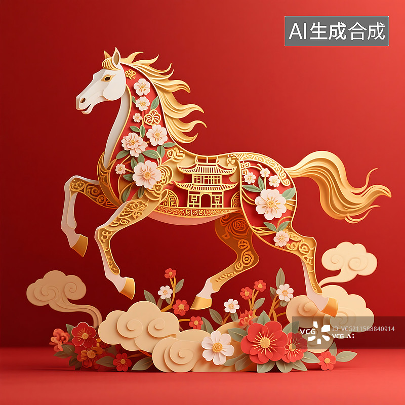 【AI数字艺术】3D纸雕剪纸艺术民俗特色一匹奔腾的骏马生肖马红色背景图图片素材