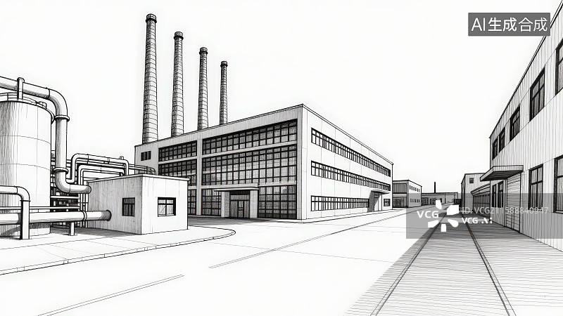 【AI数字艺术】黑白手绘素描工厂化工厂线稿草图图片素材