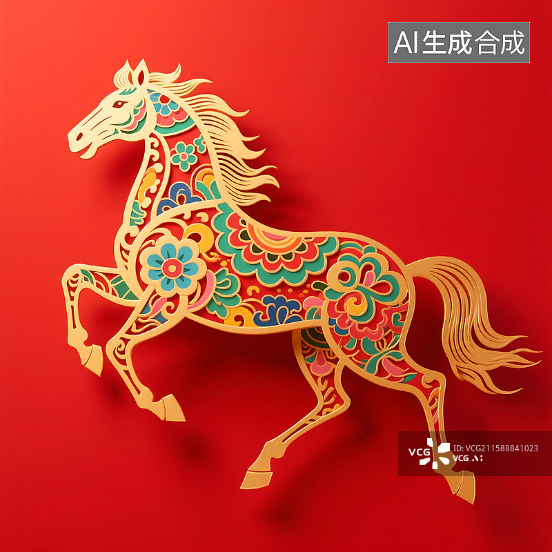 【AI数字艺术】3D纸雕剪纸艺术民俗特色一匹奔腾的骏马生肖马红色背景图图片素材