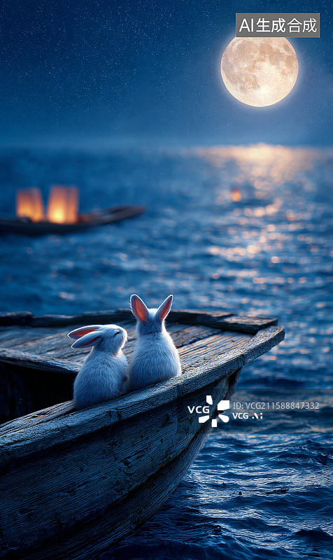 【AI数字艺术】中秋之夜的兔子湖水和月亮图片素材