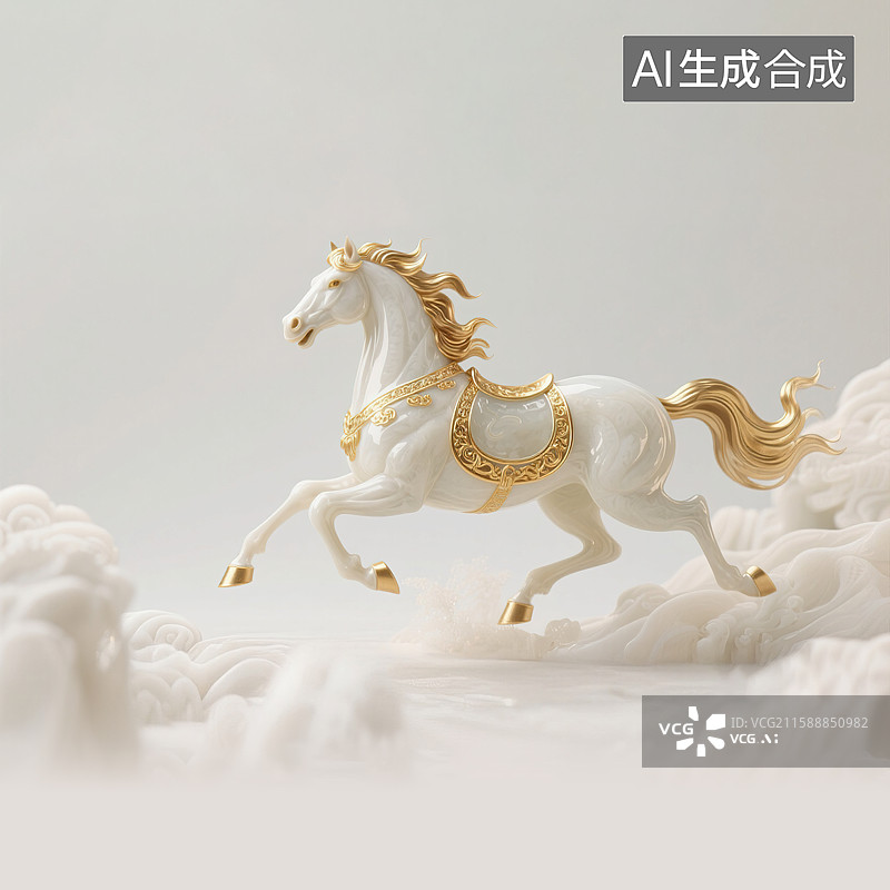 【AI数字艺术】金马玉堂金镶玉写实风格创意3D摆件2026马年春节新年骏马奔腾跳跃新国风简约禅意清新浅色柔和冷色调图片素材