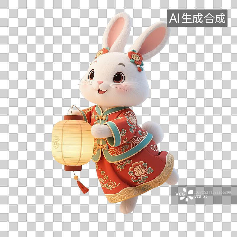 【AI数字艺术】3D渲染中国风卡通动物，可爱卡通小兔子，白兔拿着灯笼，传统服饰，玉兔，中秋节，八月十五免抠素材图片素材