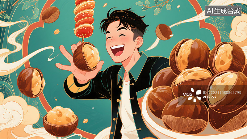 【AI数字艺术】开心男子享用美味栗子图片素材