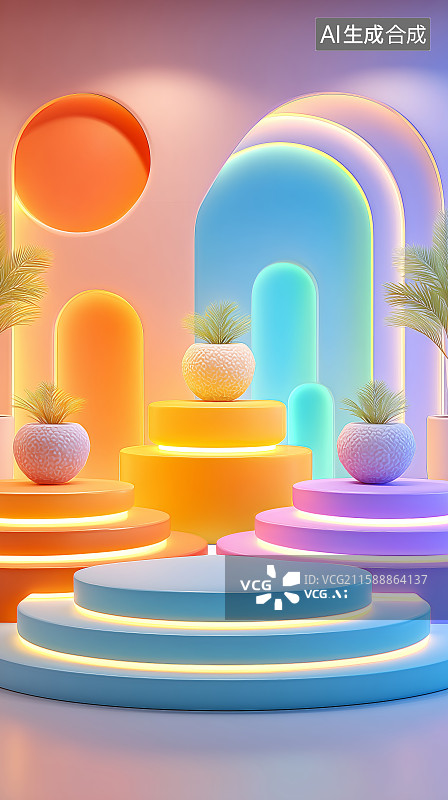 【AI数字艺术】彩虹拱门与圆形舞台的现代艺术场景图片素材
