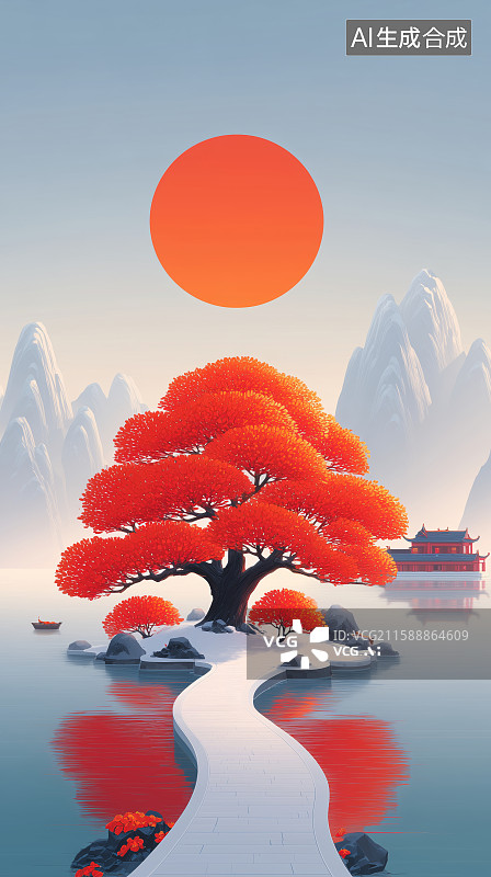 【AI数字艺术】红树拱桥映水中风景图片素材