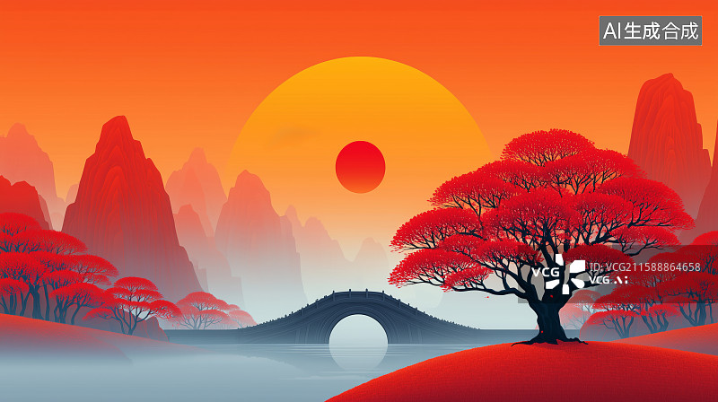 【AI数字艺术】红树拱桥映水中风景图片素材