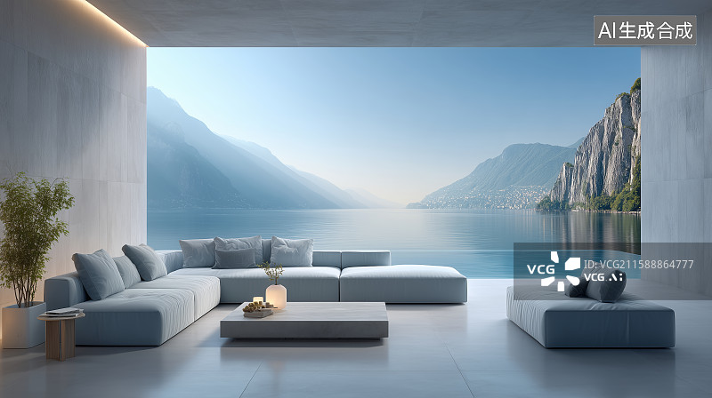【AI数字艺术】现代简约露台远眺湖山美景图片素材