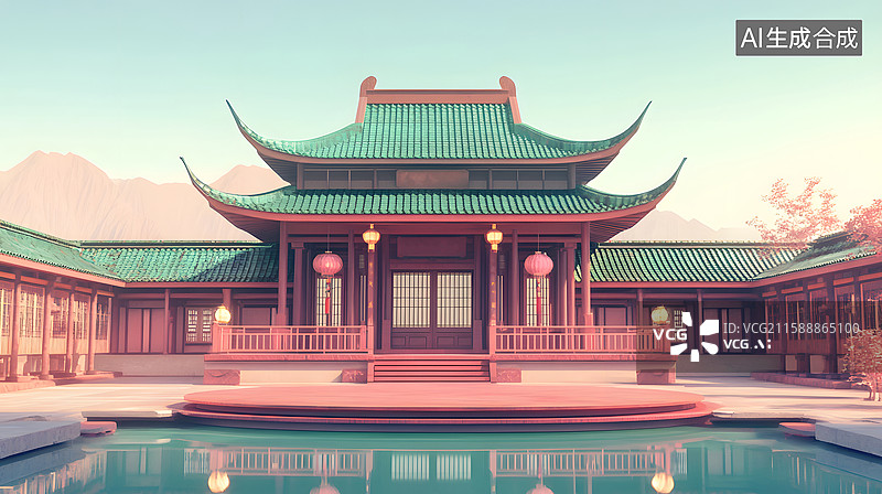 【AI数字艺术】3D亭台楼阁背景图片素材