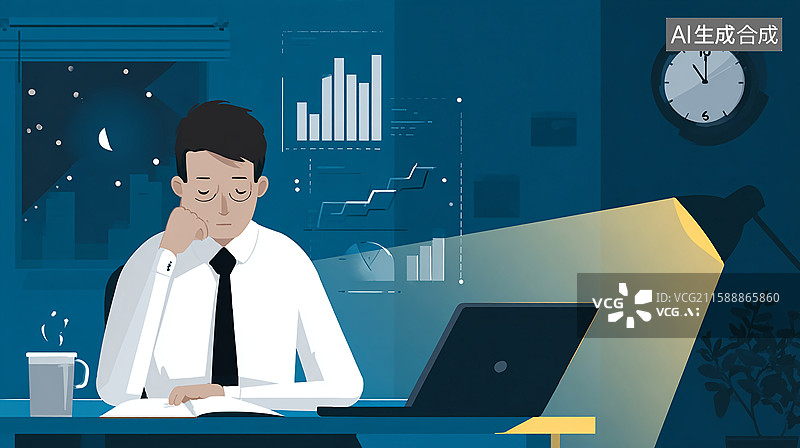 【AI数字艺术】深夜加班的职场人图片素材