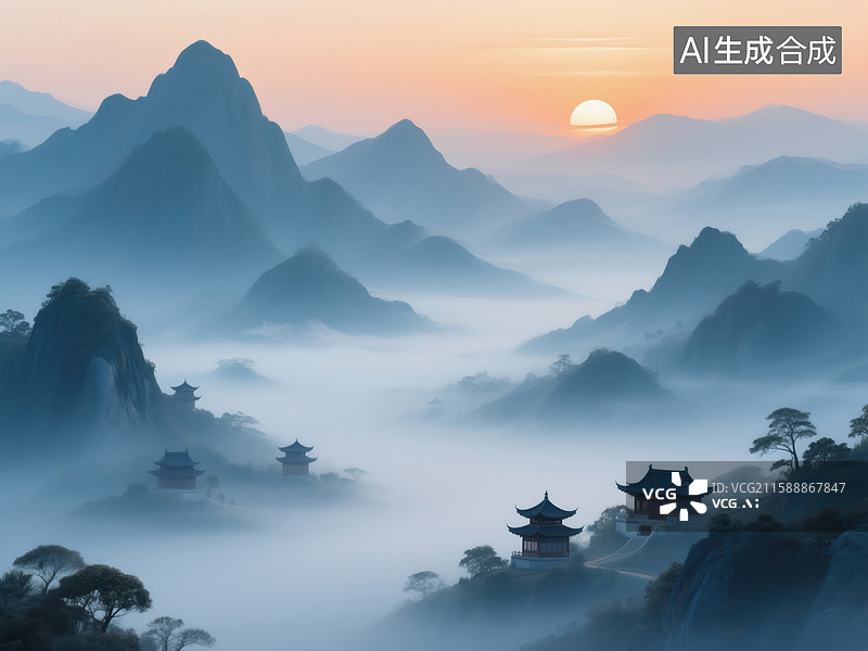 【AI数字艺术】东方山水意境：日出云雾中的古建群与层峦叠嶂图片素材