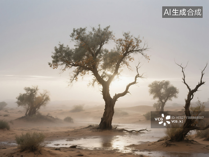 【AI数字艺术】沙漠水域中结满果实的沙棘树 荒漠里的生命景观图片素材