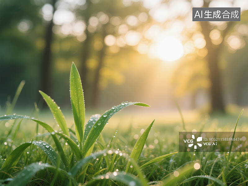 【AI数字艺术】晨光中的露珠与绿草图片素材