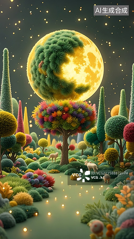 【AI数字艺术】梦幻童话世界：月光下的彩虹树与小动物图片素材