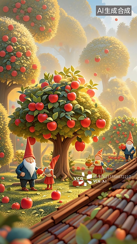 【AI数字艺术】苹果园的童话世界：矮人采摘丰收苹果图片素材