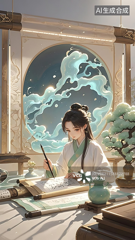 【AI数字艺术】一位东方古风女子在书房里写字图片素材