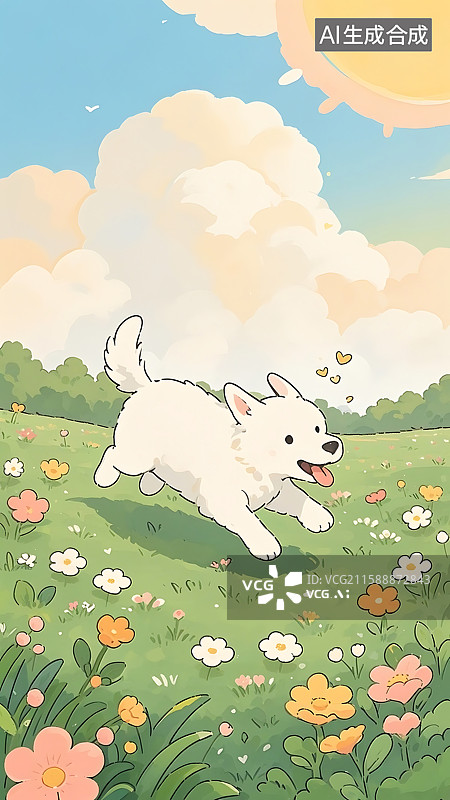 【AI数字艺术】阳光下的小狗在花丛中奔跑图片素材