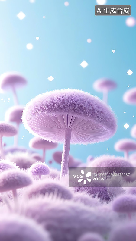 【AI数字艺术】梦幻粉色毛茸茸蘑菇田野图片素材