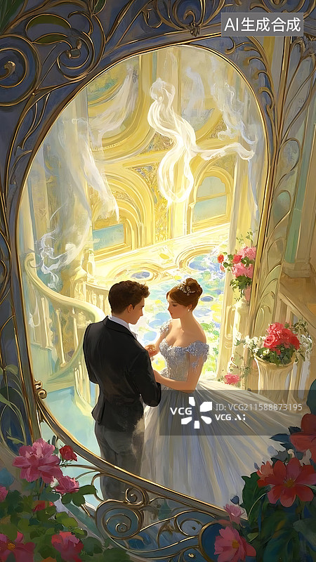 【AI数字艺术】古典婚礼场景，梦幻新娘与新郎图片素材