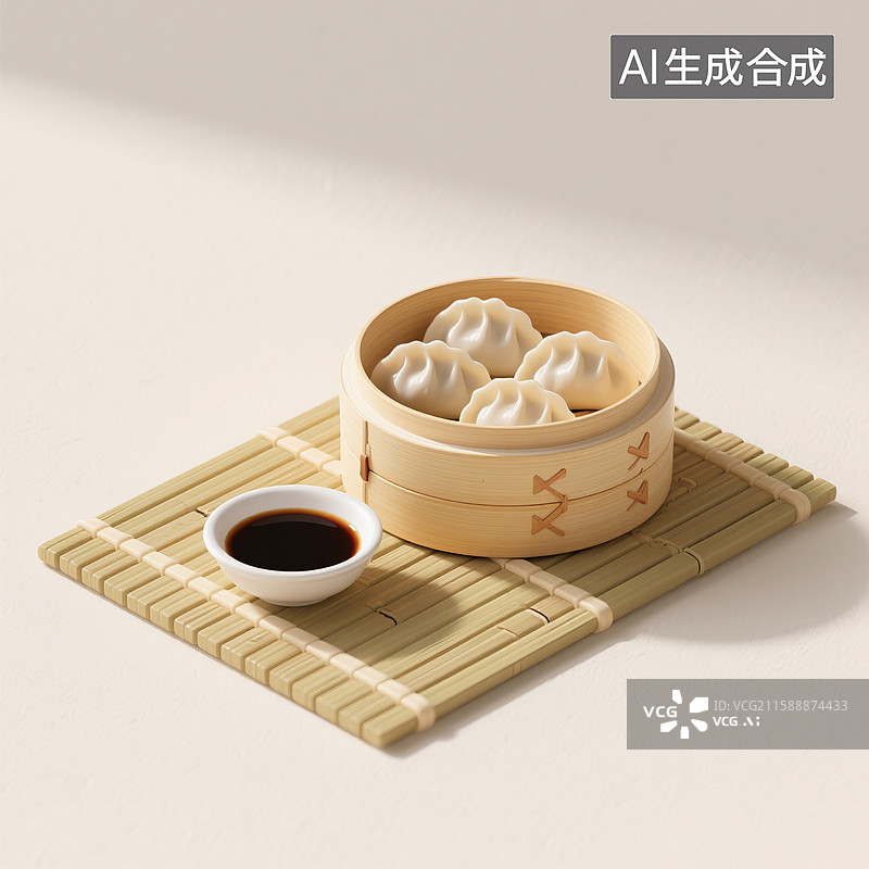 【AI数字艺术】3D渲染，蘸水，陈醋蘸料，广式早茶茶点虾饺皇，虾饺，蒸饺，蒸笼里的饺子图片素材