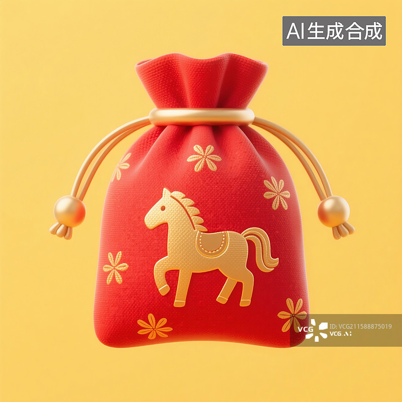 【AI数字艺术】3D渲染，中国风福袋，红色马年福袋，春节，新年，促销图片素材