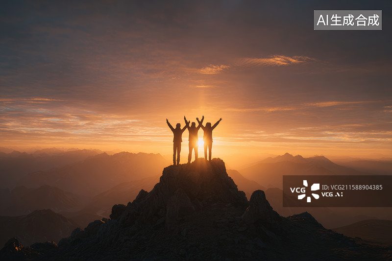 【AI数字艺术】山顶日落三人举手剪影图片素材