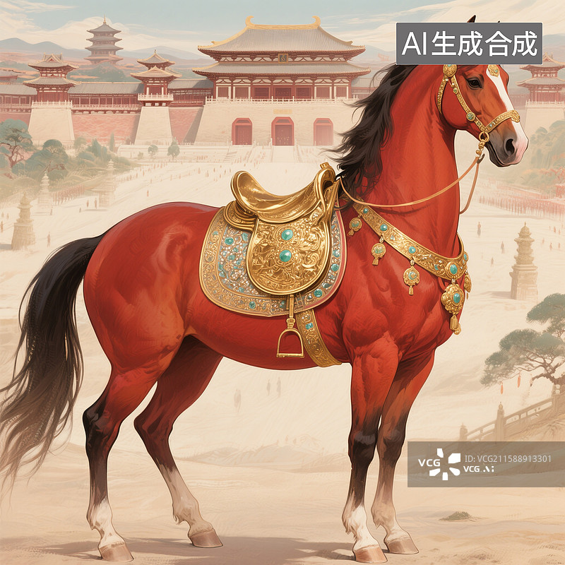 【AI数字艺术】马年，金马玉堂，玉辔金鞍，插画图片素材