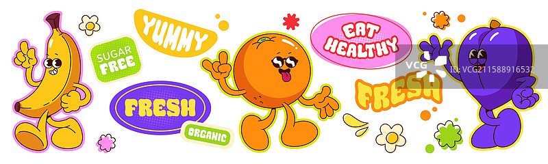 时髦的水果角色和贴纸套装图片素材