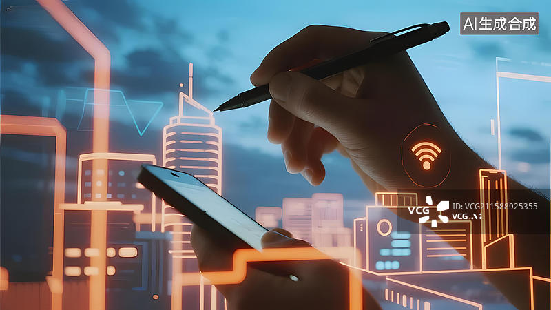 【AI数字艺术】手持笔触手机，未来科技城市背景图片素材