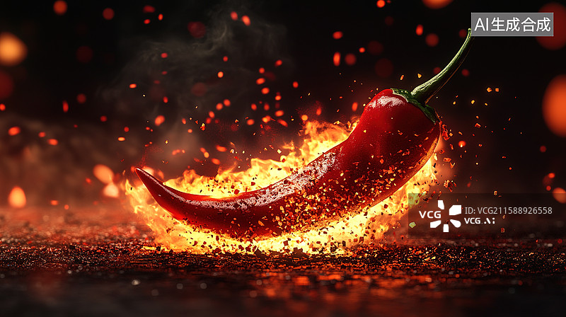 【AI数字艺术】燃烧的辣椒调入辣椒粉中——香辣味觉主题概念图片素材