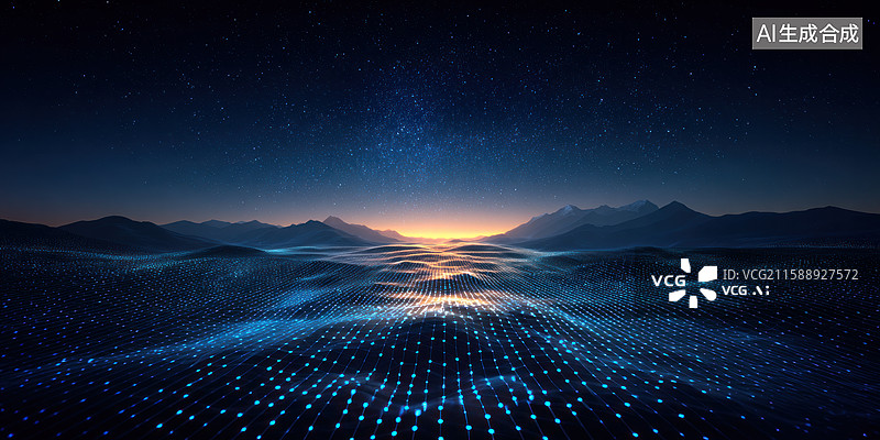 【AI数字艺术】星空下闪烁光点的未来景观图片素材