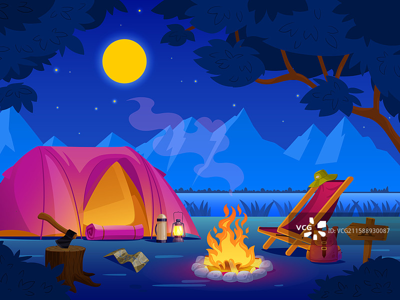 黑暗森林中的夜间露营地景观图片素材