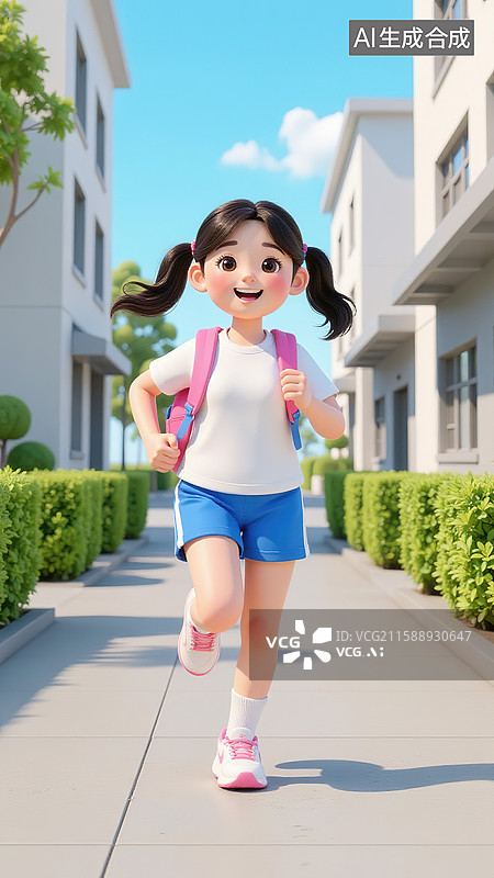 【AI数字艺术】校园中奔跑的快乐女孩图片素材