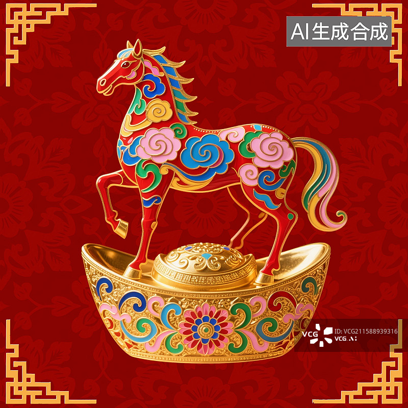 【AI数字艺术】神驹献瑞：国潮金骏元宝吉祥图图片素材