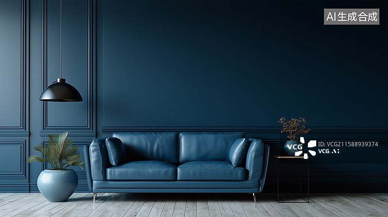 【AI数字艺术】极简深蓝墙白线框客厅图片素材