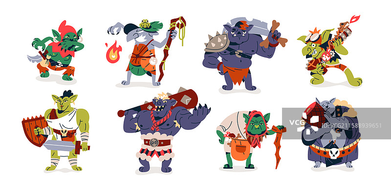 一组不同的绿皮小妖精，手持武器图片素材