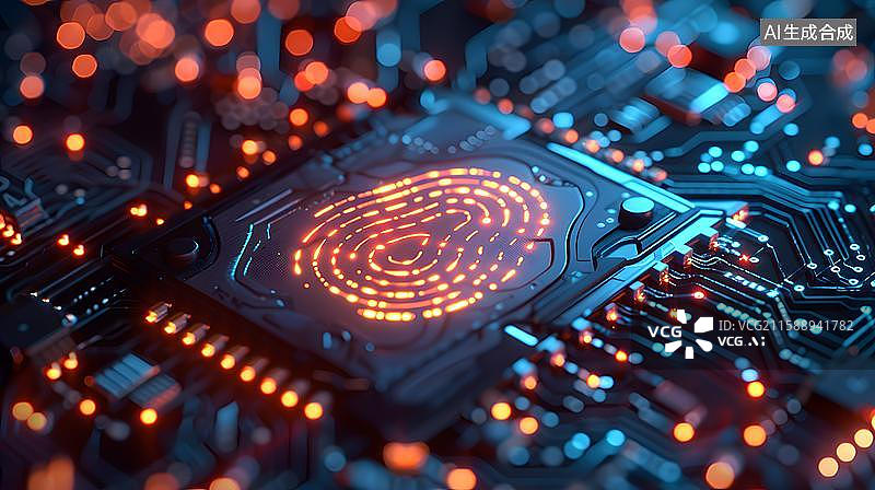 【AI数字艺术】指纹识别芯片和集成电路，生物识别，指纹锁科技概念  3D芯片中央处理器上的指纹  未来科技的指纹识别图片素材