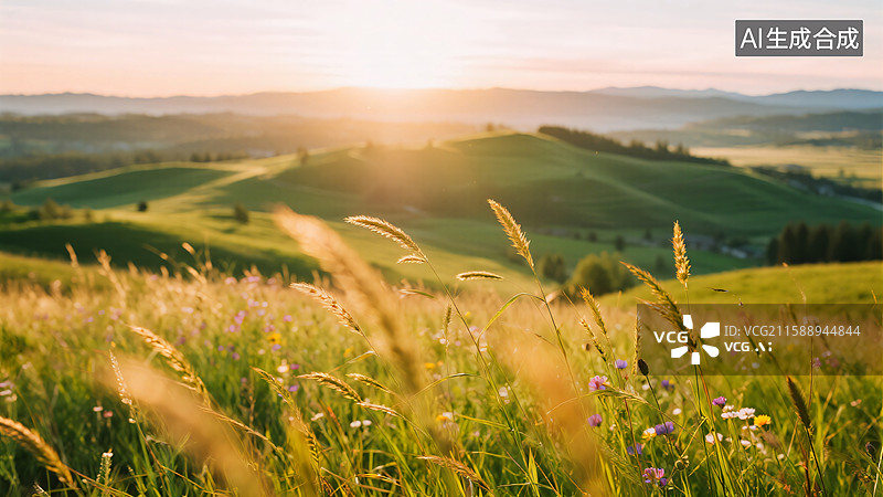 【AI数字艺术】金色余晖：无垠草原图片素材