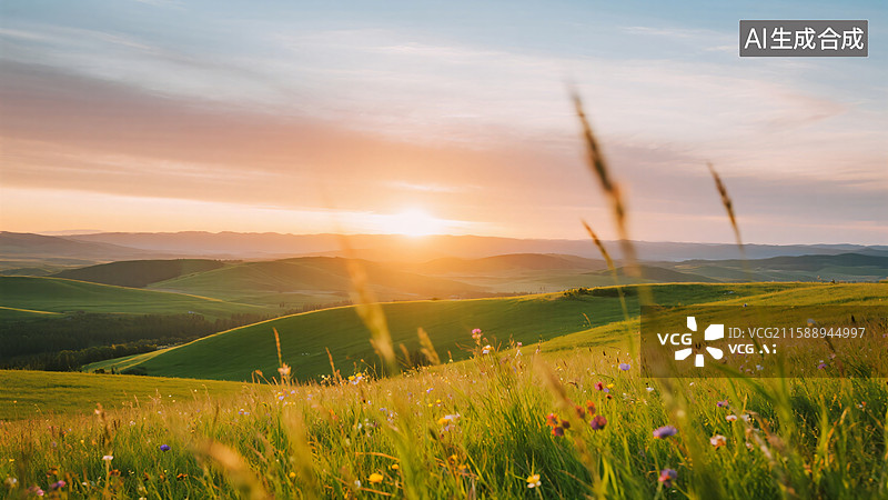 【AI数字艺术】金色余晖：无垠草原图片素材