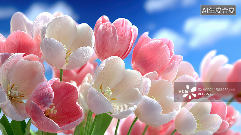 【AI数字艺术】粉白郁金香与蓝天图片素材