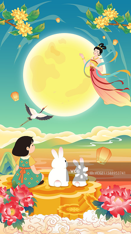 国潮风传统节日中秋节月亮花好月圆矢量插画图片素材
