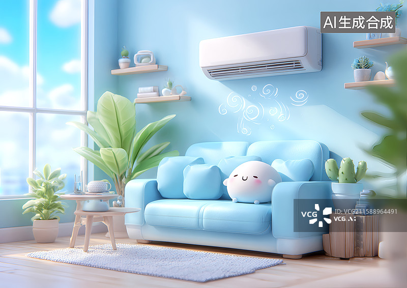 【AI数字艺术】卡通房间沙发后挂着一副空调图片素材