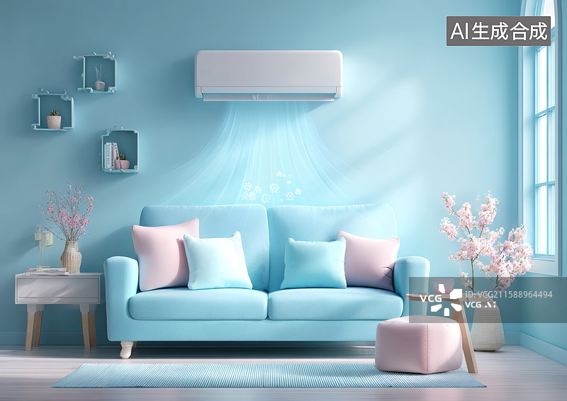 【AI数字艺术】卡通房间沙发后挂着一副空调图片素材
