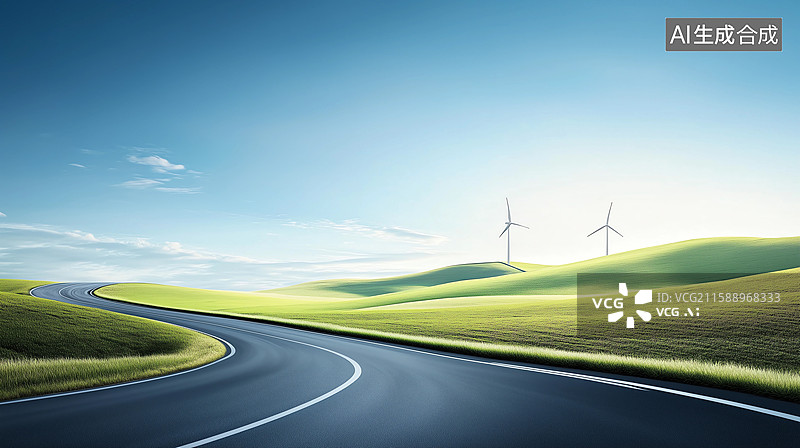 【AI数字艺术】穿过绿色田园和风力涡轮机的蜿蜒道路图片素材