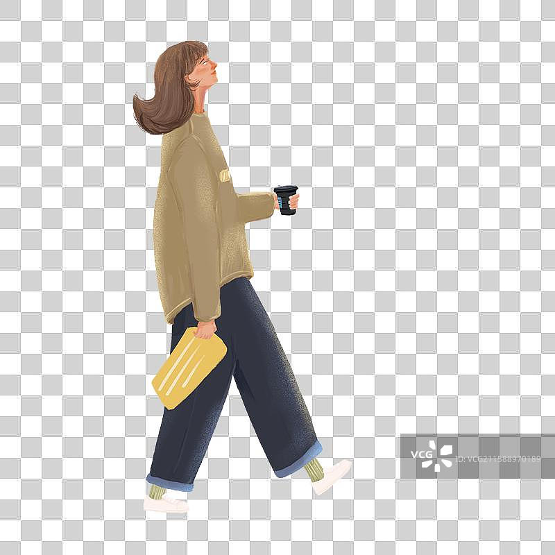 手绘秋天拿着咖啡杯散步的女孩图片素材