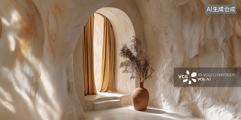 【AI数字艺术】柔和极简沙色帘陶土瓶图片素材