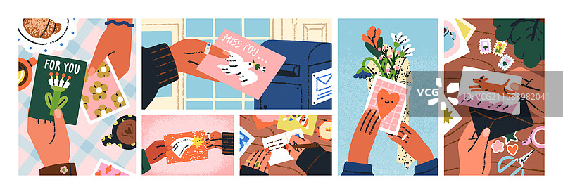 发送和接收明信片，手持问候语图片素材