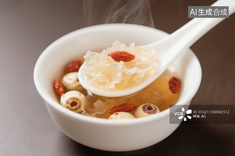 【AI数字艺术】桌上一碗冒着热气的银耳莲子羹，上面撒着枸杞图片素材