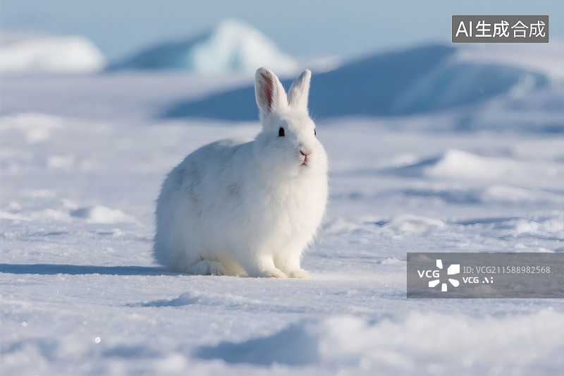 【AI数字艺术】冰天雪地的冰面上，一只可爱的北极兔图片素材